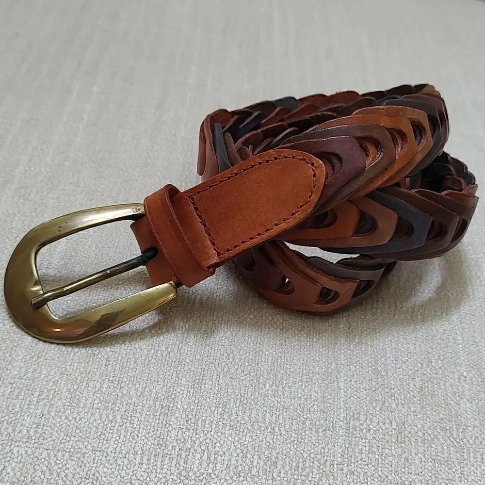Genuine Leather Multi Color Woven Link Belt Brass Buckle